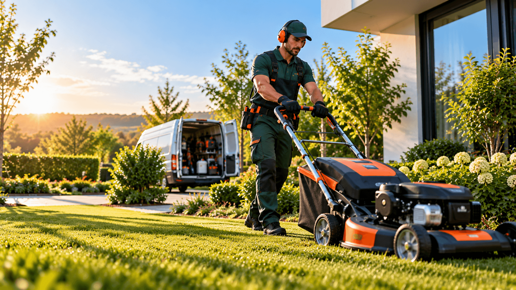 Commercial grounds maintenance specialist mowing lawn at golden hour with service van in background