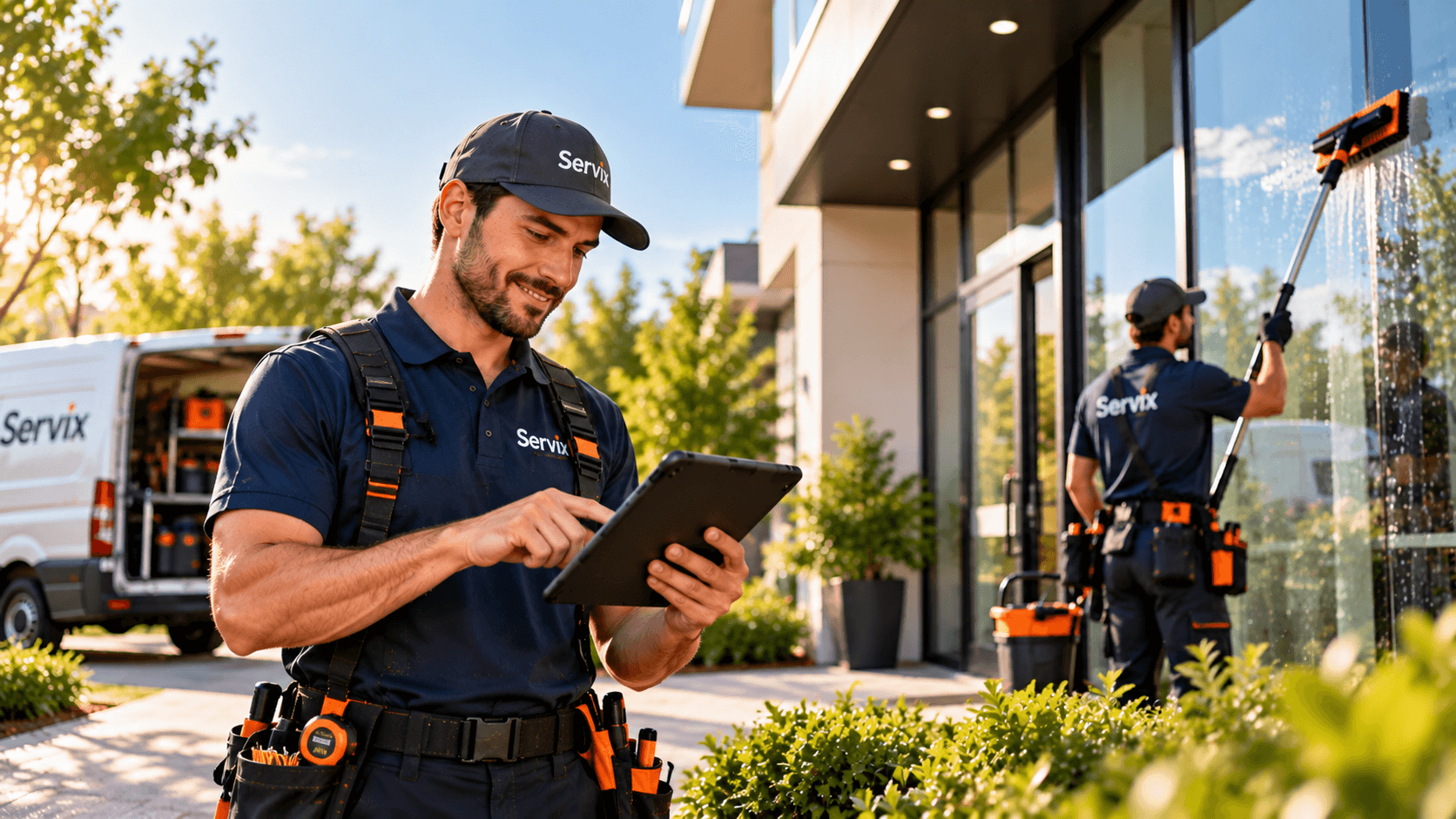 Pro TeamX window cleaning team reviewing territory round on tablet with technician operating water-fed pole