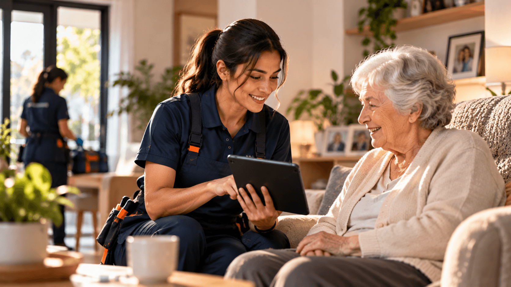 Care specialist and client reviewing care tasks and schedule together on a tablet